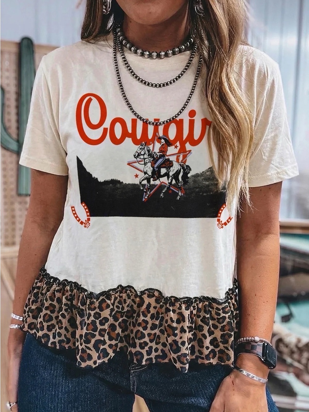 LAST ONES Cowgirl Graphic Ruffle Hem Tee - Cream with Leopard Trim
